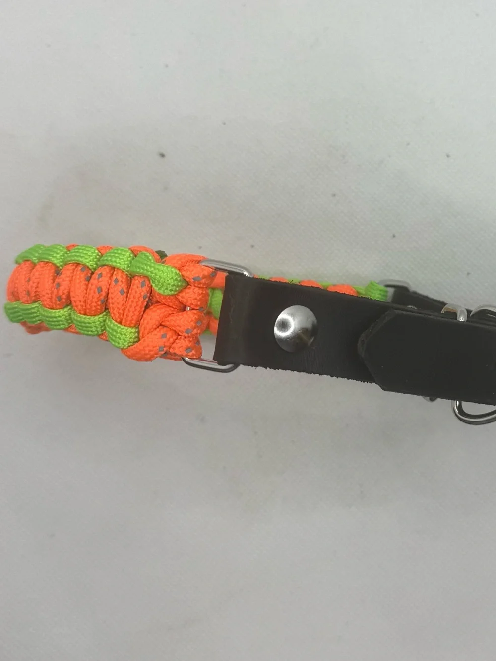 Handmade Reflective Paracord Dog Collar, Leather Adjustable Neon Green Orange